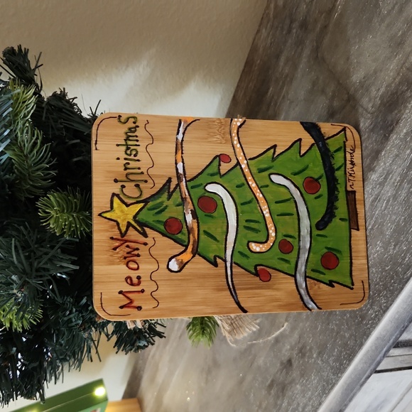 Hand Painted Meowy Christmas Sign Cat on Bamboo Wall Art Merry Christmas 6 X 9 - Picture 6 of 8